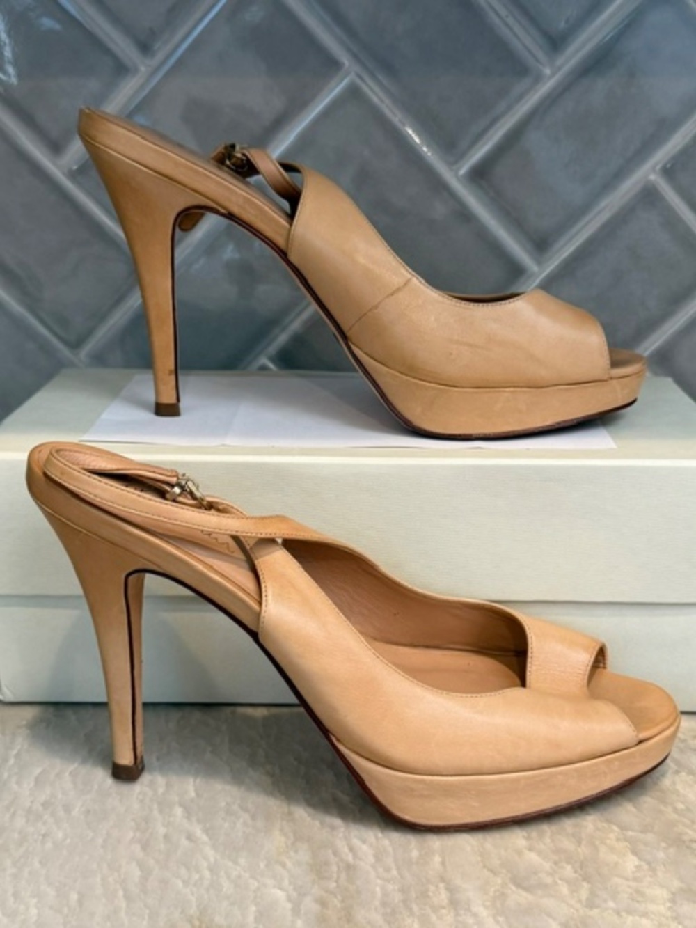 Cole Haan Nike Air  'Chelsea' Open Toe  Nude Tan  Slingback Pump 9.5